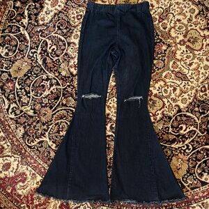 Black Flared Bell wide leg Jeans Distressed Knees elastic waist Medium